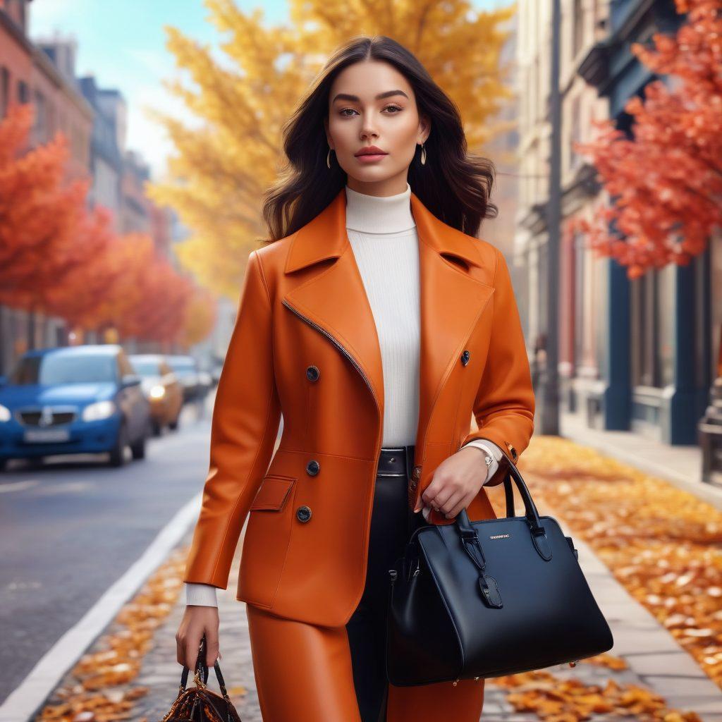 A stylish woman walking confidently in a trendy urban setting, showcasing various chic handbag styles in vibrant colors. The scene is bustling with fashion-forward individuals, highlighting the latest fashion trends around her. Include a picturesque background of a city street with autumn leaves, portraying a seasonal vibe. super-realistic. vibrant colors. 3D.