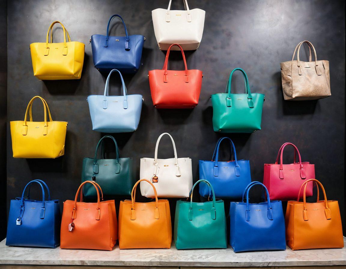 A beautifully arranged display of various bags including totes and clutches, set against a stylish boutique backdrop. Each bag showcases unique designs, colors, and materials to highlight versatility for different occasions. Soft, flattering lighting enhances the textures and details of the bags. Include fashion-forward accessories like sunglasses and jewelry to complement the bags. Background should be slightly blurred to focus on the bags. super-realistic. vibrant colors. boutique styling.