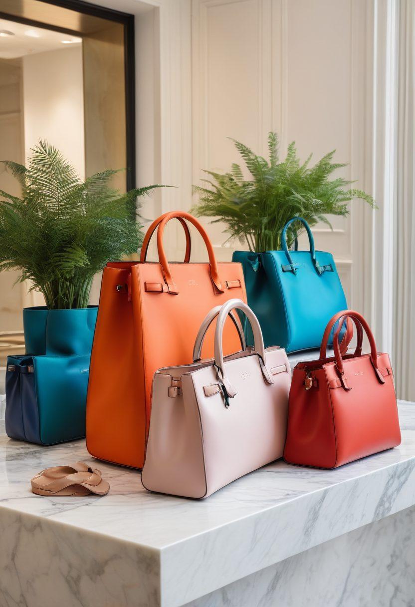 A stylish, high-end display of 10 designer bags in an elegant boutique setting, showcasing a variety of colors and textures. The bags should be artfully arranged on a sleek marble countertop with soft lighting, reflecting luxury and trendiness. Incorporate fashion elements like chic accessories and delicate plants in the background to enhance the scene. Focus on a dreamy, aspirational vibe that appeals to fashionistas. vibrant colors. super-realistic.